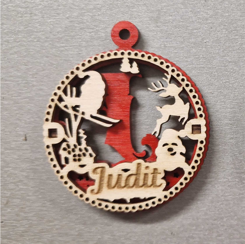 Kétszínű, gravírozott fa karácsonyfadísz karácsonyi motívumokkal Kör alakú szülőköszöntő gravírozott hűtőmágnes
